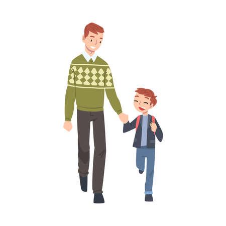 Father Taking his Son to the School in the Morning, Parent and Kid Walking Together Holding Hands Cartoon Style Vector Illustrationのイラスト素材