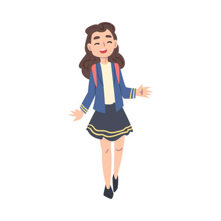 Schoolgirl in Uniform Walking to School, Back to School, Education Concept Cartoon Style Vector Illustrationのイラスト素材