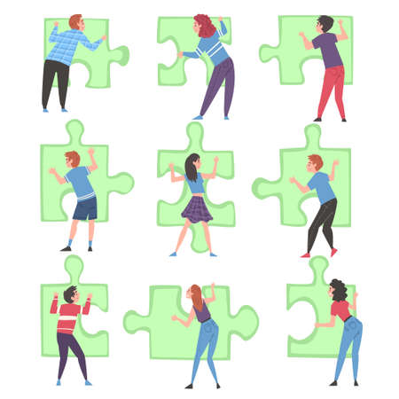 People Solving Jigsaw Puzzles Set, Persons Trying to Connect Green Puzzle Elements Cartoon Style Vector Illustrationのイラスト素材