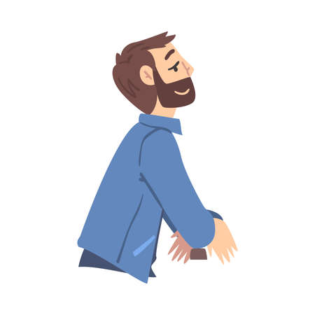 Bearded Man Sitting at the Desk and Thinking up an Idea, Man Relaxing and Dreaming about Something Cartoon Style Vector Illustrationのイラスト素材