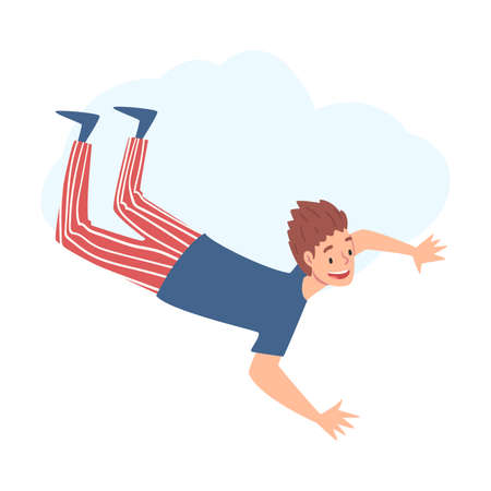 Teenager Flying in the Sky, Happy Boy Dreaming, Striving for Success or Spiritual Growth Cartoon Style Vector Illustrationのイラスト素材