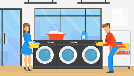 Public Laundrette with Laundromat Washing Machines, People Loading Clothes for Washing and Drying, Wash Service Concept Cartoon Vector Illustrationのイラスト素材