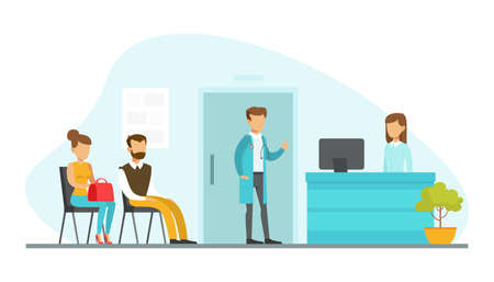 Patients Sitting on Chairs and Waiting in Queue in Hospital Hall, Reception of Medical Clinic Vector Illustrationのイラスト素材