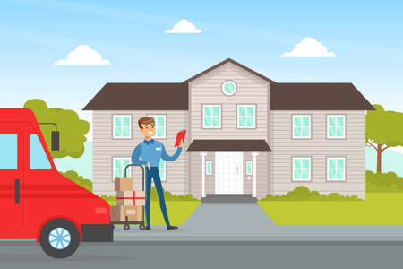 Male Courier Delivering Parcels to Customer at Home, Delivery Service Concept Vector Illustrationのイラスト素材