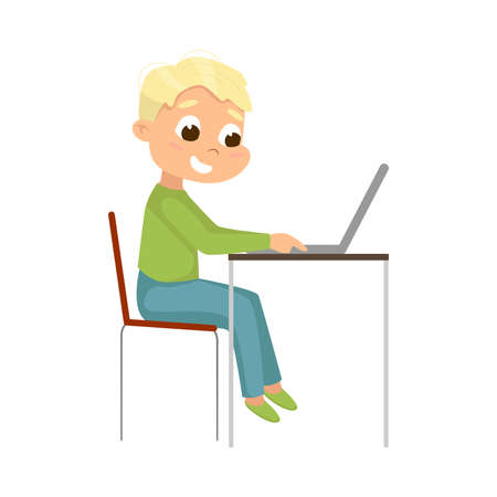 Cute Little Boy Using Laptop Computer at Workplace, Online Education or Courses, Kid Programmer Character Cartoon Style Vector Illustrationのイラスト素材