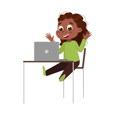 Cute Smiling African American Girl Using Laptop Computer at Desk, Online Education or Courses, Kid Programmer Character Cartoon Style Vector Illustrationのイラスト素材