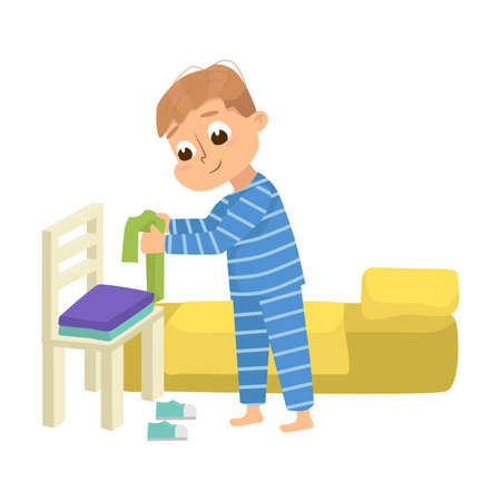 Cute Boy in Pajamas Getting Ready to Sleep Cartoon Style Vector Illustrationのイラスト素材