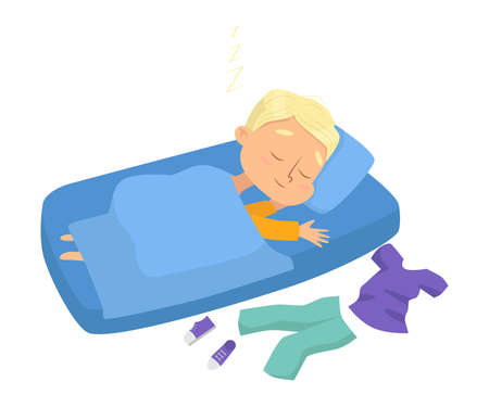 Lovely Little Boy Sleeping Sweetly in his Bed, Bedtime, Sweet Dreams of Adorable Kid Concept Cartoon Style Vector Illustrationのイラスト素材