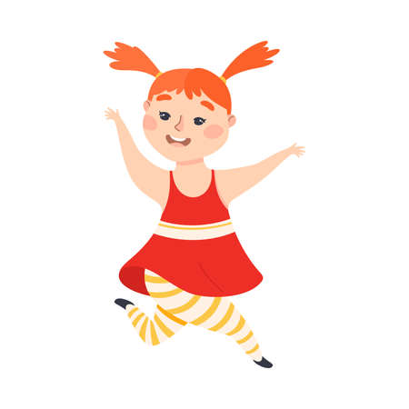 Cute Funny Girl Happily Jumping, Joyful Kid Having Fun Cartoon Style Vector Illustrationのイラスト素材