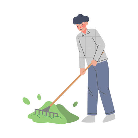 Man Farmer Using Rake, Male Agricultural Worker Gardener Character in Overalls Working on Farm, Eco Farming Concept Cartoon Style Vector Illustrationのイラスト素材