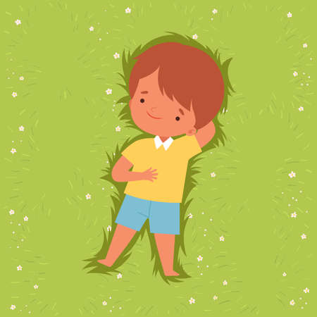 Top View of Adorable Boy Lying Down on Green Lawn, Lovely Kid Lying on Grass Dreamily Looking into Sky Cartoon Vector Illustrationのイラスト素材