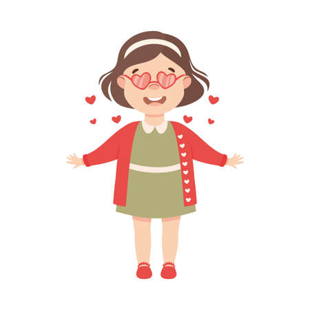 Cute Girl Wearing Heart Shaped Glasses, Adorable Child Character with Romance Feelings Symbol, Happy Valentines Day Concept Cartoon Vector Illustrationのイラスト素材