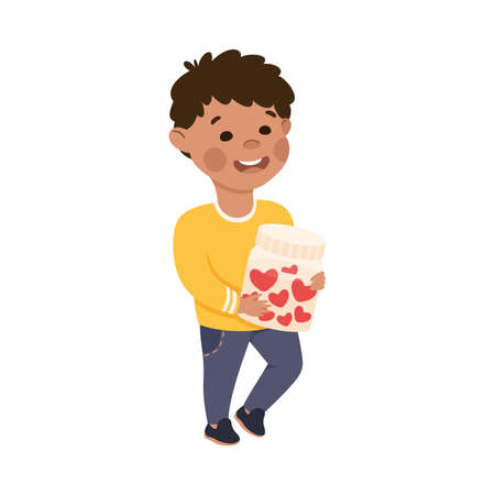 Cute Boy Holding Jar Full of Hearts, Adorable Child Character with Romance Feelings Symbol, Happy Valentines Day Concept Cartoon Vector Illustrationのイラスト素材