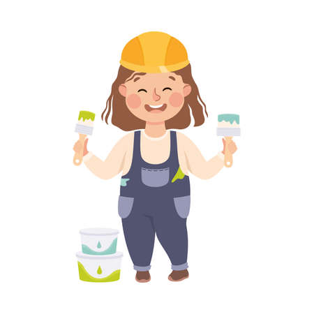 Cute Builder with Brushes and Cans of Paint, Little Girl Painter Character in Hard Hat and Blue Overalls with Construction Tools Cartoon Style Vector Illustrationのイラスト素材