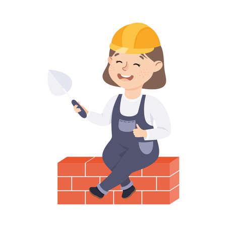 Cute Builder Building Brick Wall of House, Little Girl in Hard Hat and Blue Overalls with Construction Tools Cartoon Style Vector Illustrationのイラスト素材