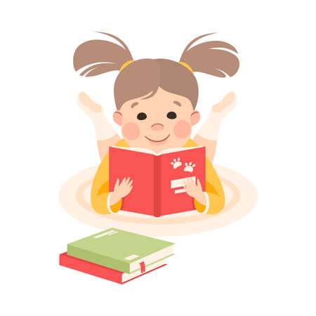 Cute Little Girl Lying on Floor and Reading Book, Preschool Girl Enjoying Literature, Kids Education Concept Cartoon Style Vector Illustrationのイラスト素材