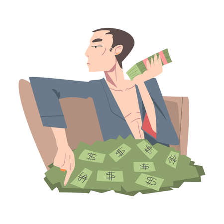 Rich Businessman Sitting in Pile of Money, Wealthy Person, Millionaire Character, Financial Success, Profit, Income Concept Cartoon Style Vector Illustrationのイラスト素材