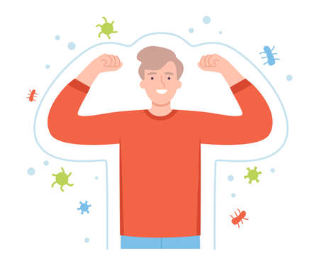 Healthy Man Surrounded by Invisible Barrier for Bacterial Attack Vector Illustrationのイラスト素材