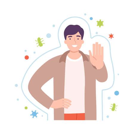 Young Male with Invisible Barrier for Pathogen and Germs Vector Illustrationのイラスト素材