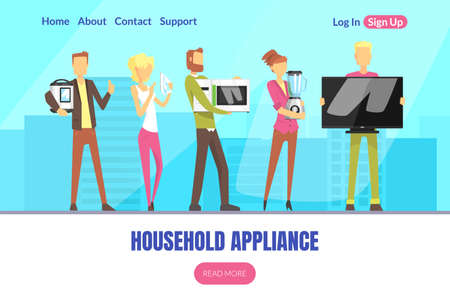 People Characters Standing in Queue Making Purchases at Household Devices Department Store Vector Landing Page Designのイラスト素材