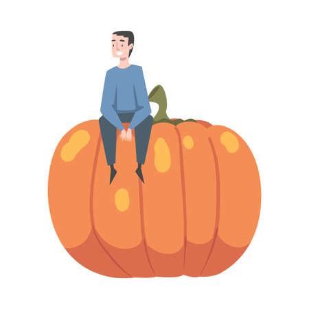 Little Man Sitting on Top of Huge Ripe Pumpkin Vector Illustrationのイラスト素材