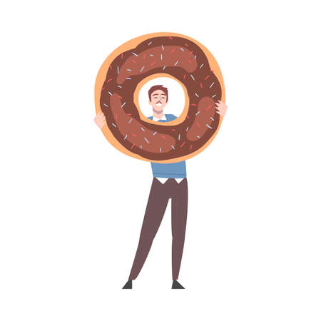 Tiny Man with Huge Chocolate Doughnut Vector Illustrationのイラスト素材