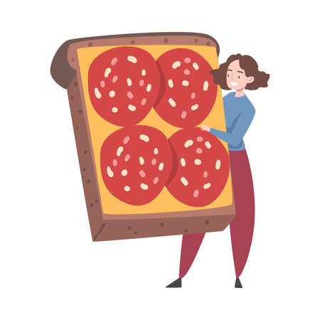 Tiny Female Interacting with Huge Sandwich with Salami Slices Vector Illustrationのイラスト素材