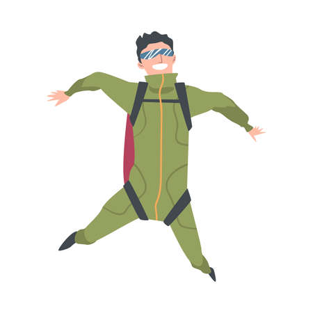 Smiling Man Skydiver Enjoying Freefall Freedom, Person Jumping with Parachute in Sky, Skydiving Extreme Sport Cartoon Style Vector Illustrationのイラスト素材