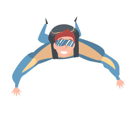 Male Skydiver Enjoying Freefall Freedom, Smiling Man Jumping with Parachute in Sky, Skydiving Parachuting Extreme Sport Cartoon Style Vector Illustrationのイラスト素材