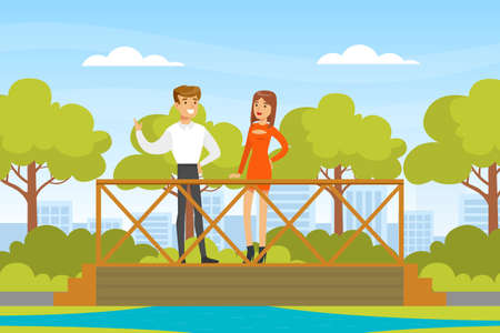 People Relaxing in Nature in Urban Park, Romantic Young Couple Standing on Wooden Bridge Cartoon Vector Illustrationのイラスト素材