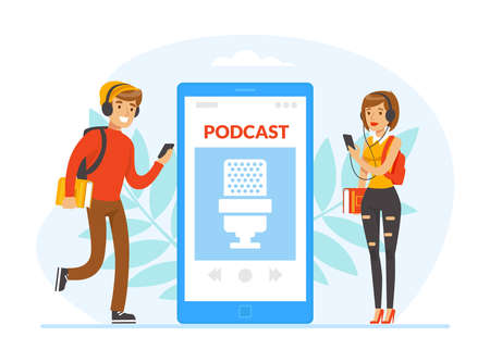 People Doing Live Podcasts on Smartphone, Young Man and Woman Listening and Recording Audio Podcast Cartoon Vector Illustrationのイラスト素材