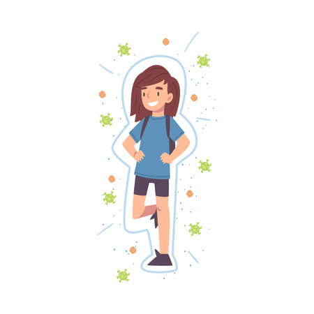 Happy Cute Girl Reflecting Bacterias and Viruses Attack, Strong Immune System Concept Cartoon Style Vector Illustrationのイラスト素材