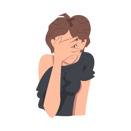 Embarrassed Young Woman Covering her Face with Hands, Regretful Person with Clasped Hands Cartoon erStyle Vector Illustrationのイラスト素材