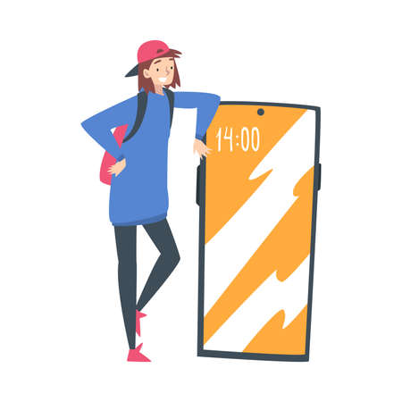 Tiny Girl with Huge Smartphone Cartoon Style Vector Illustrationのイラスト素材