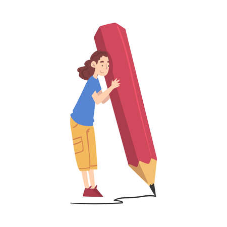 Tiny Girl Holding Huge Pencil, Girl Writing in Exercise Book Cartoon Style Vector Illustrationのイラスト素材