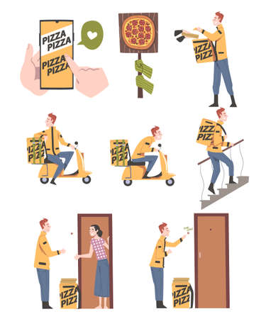 Male Courier Character Delivering Pizza to Clients, Pizza Delivery Service Cartoon Style Vector Illustrationのイラスト素材