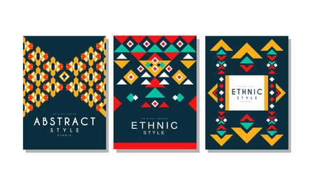 Abstract Cards with Geometric Ethnic Pattern Set, Colorful Flyer, Brochure Templates Design Vector Illustrationのイラスト素材