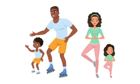 Father, Mother, Son and Daughter Doing Sports Together, Cheerful Parents Roller Skate and Doing Yoga with their Kids Cartoon Vector Illustrationのイラスト素材