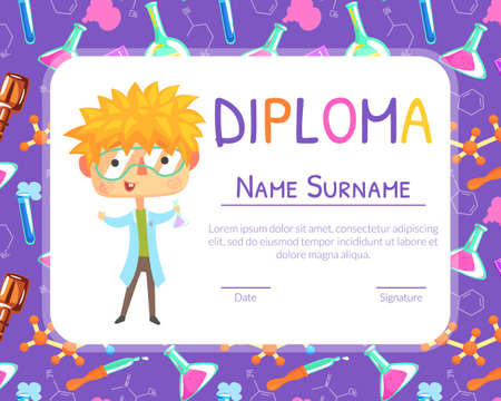 Young Chemist Diploma, Schooldkid Achievements Certificate Cartoon Vector Illustrationのイラスト素材