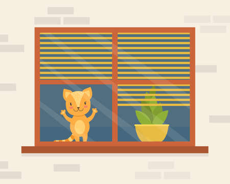 Cute Funny Cat Sitting on the Window and Looking  Cartoon Vector Illustrationのイラスト素材