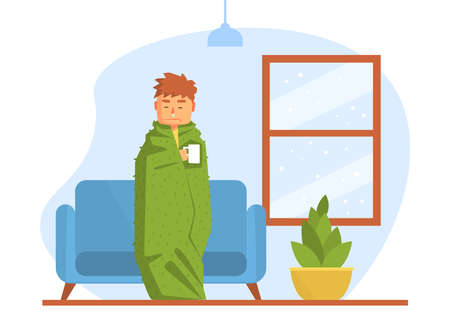 Sick Boy Suffering from Seasonal Infection, Male Person with Running Nose Wrapped to Warm Plaid Having Cold, Flu Cartoon Vector Illustrationのイラスト素材