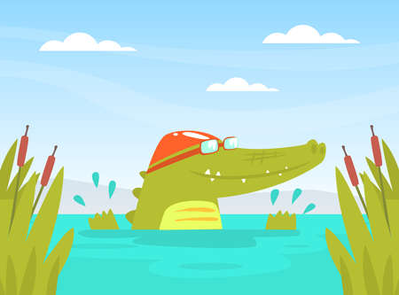 Cute Crocodile Character in Cap Swimming in Pond Cartoon Vector Illustrationのイラスト素材