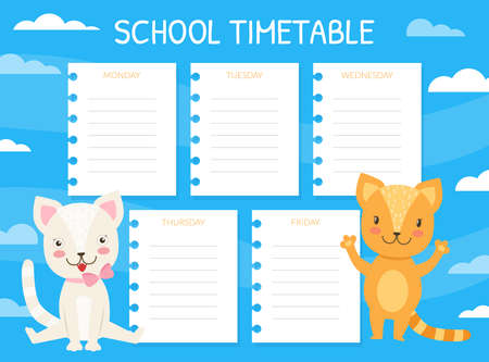 School Timetable Template, Kids Schedule with Funny Pet Animals, Weekly Planner Cartoon Vector Illustrationのイラスト素材
