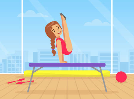 Cute Girl Performing Gymnastic Exercise on Uneven Bars, Gymnast Girl with Ribbon Taking Part in Rhythmic Gymnastics Competitions Cartoon Vector Illustrationのイラスト素材