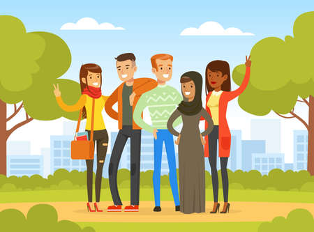 Happy People of Various Nationalities and Cultures Standing Together in Park, Social Diversity, Independent, Equality, Solidarity Vector Illustrationのイラスト素材