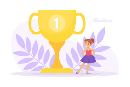 Cute Little Ballerina with Winner Cup, Ballet Dancer Girl Taking Part in Competitions Cartoon Vector Illustrationのイラスト素材