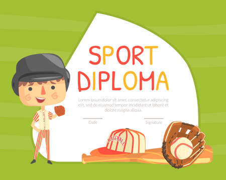 Sport Diploma, Sports Game Participation Certificate in Baseball Tournament Cartoon Vector Illustrationのイラスト素材
