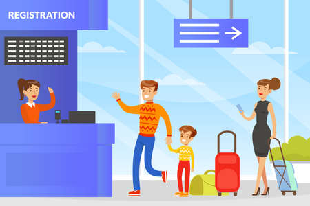 People Standing in Flight Registration Line at Airport Check Counter, People with Luggage Passing Passport Control and Waiting Boarding Vector Illustrationのイラスト素材