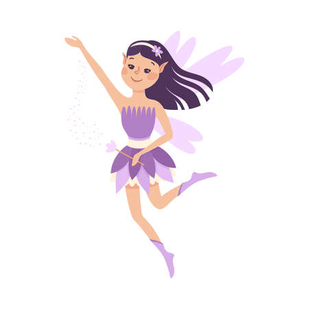 Cute Girl Fairy with Magic Wand, Lovely Flying Winged Elf Princesses in Lilac Dress Cartoon Style Vector Illustrationのイラスト素材