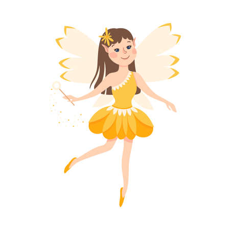 Cute Girl Fairy with Magic Wand, Lovely Flying Winged Elf Princesses in Pretty Dress Cartoon Style Vector Illustrationのイラスト素材